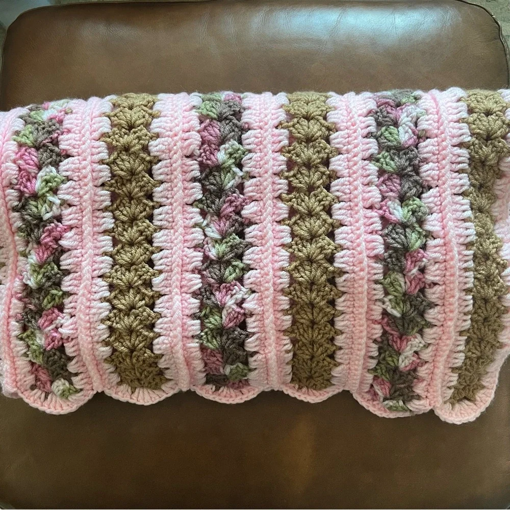 Pink and Olive Green Crochet Blanket